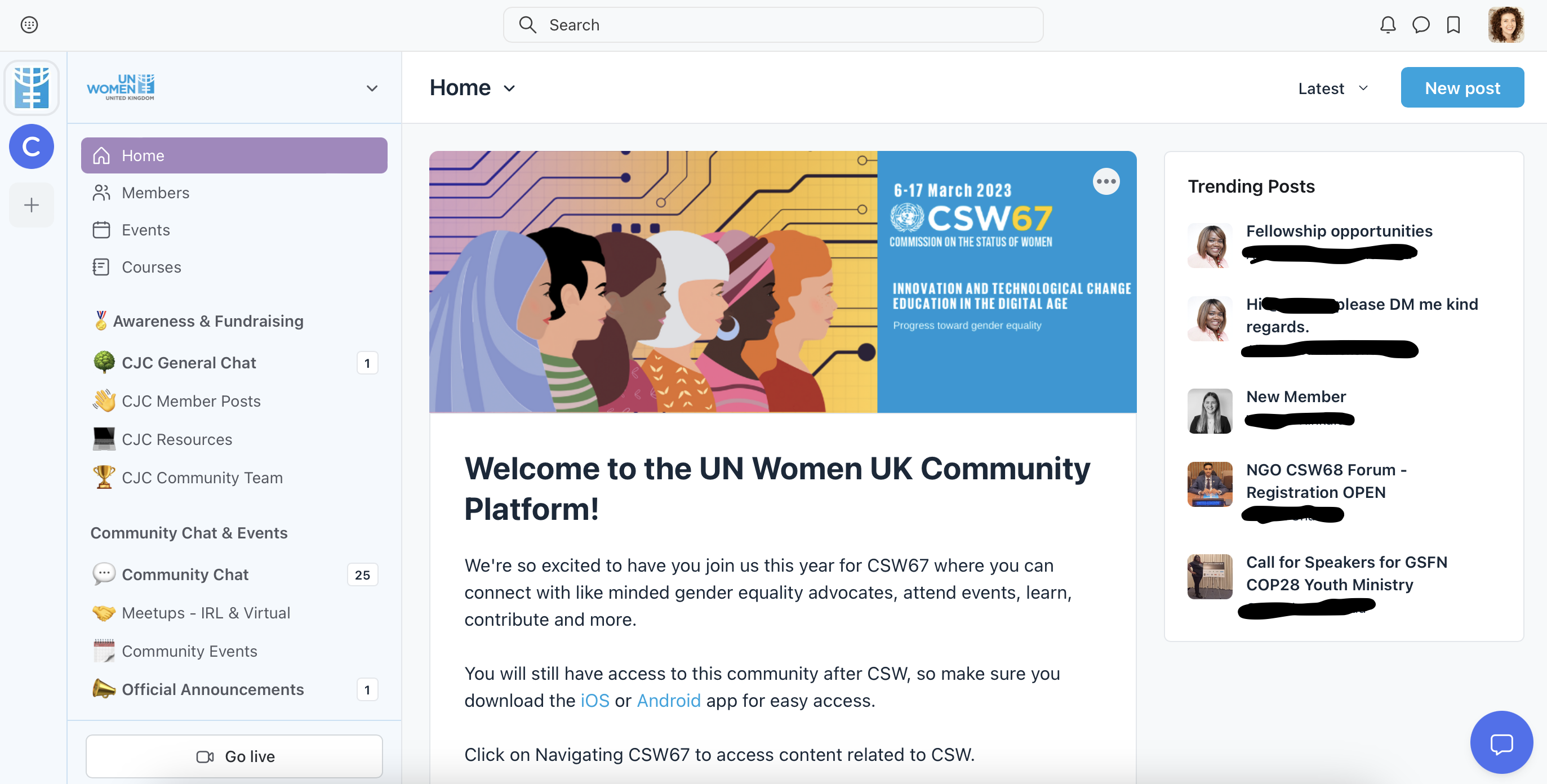 A screenshot of the UN Women UK Community App, showing a dashboard with an illustration of women's faces in profile in the centre of the screen.