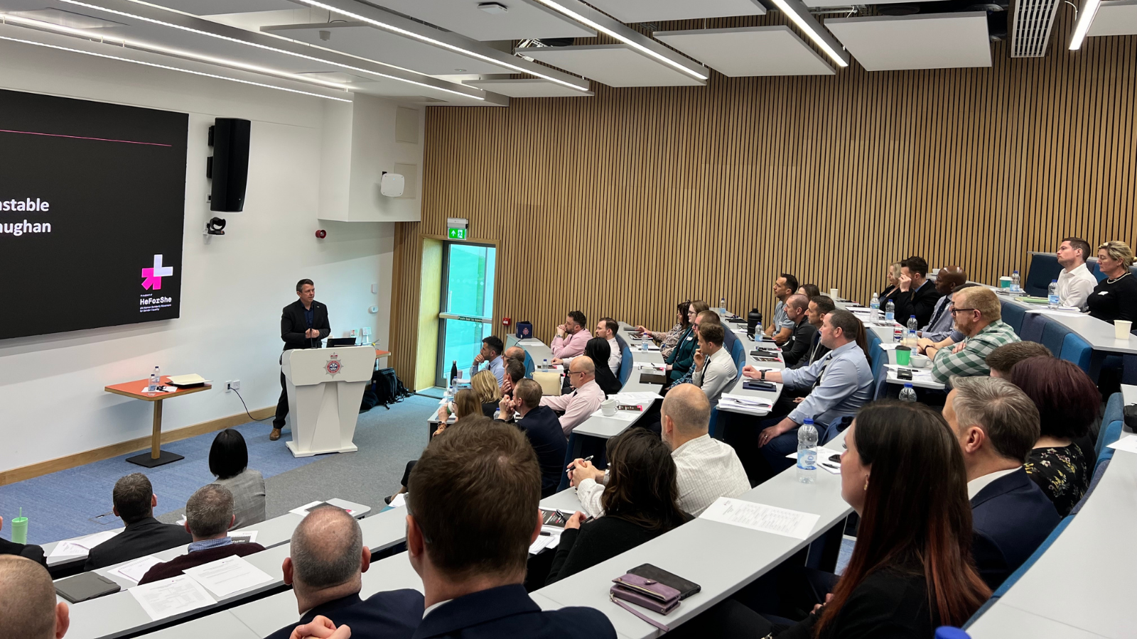 A presentation given in a lecture theatre at a Policing event for HeForShe